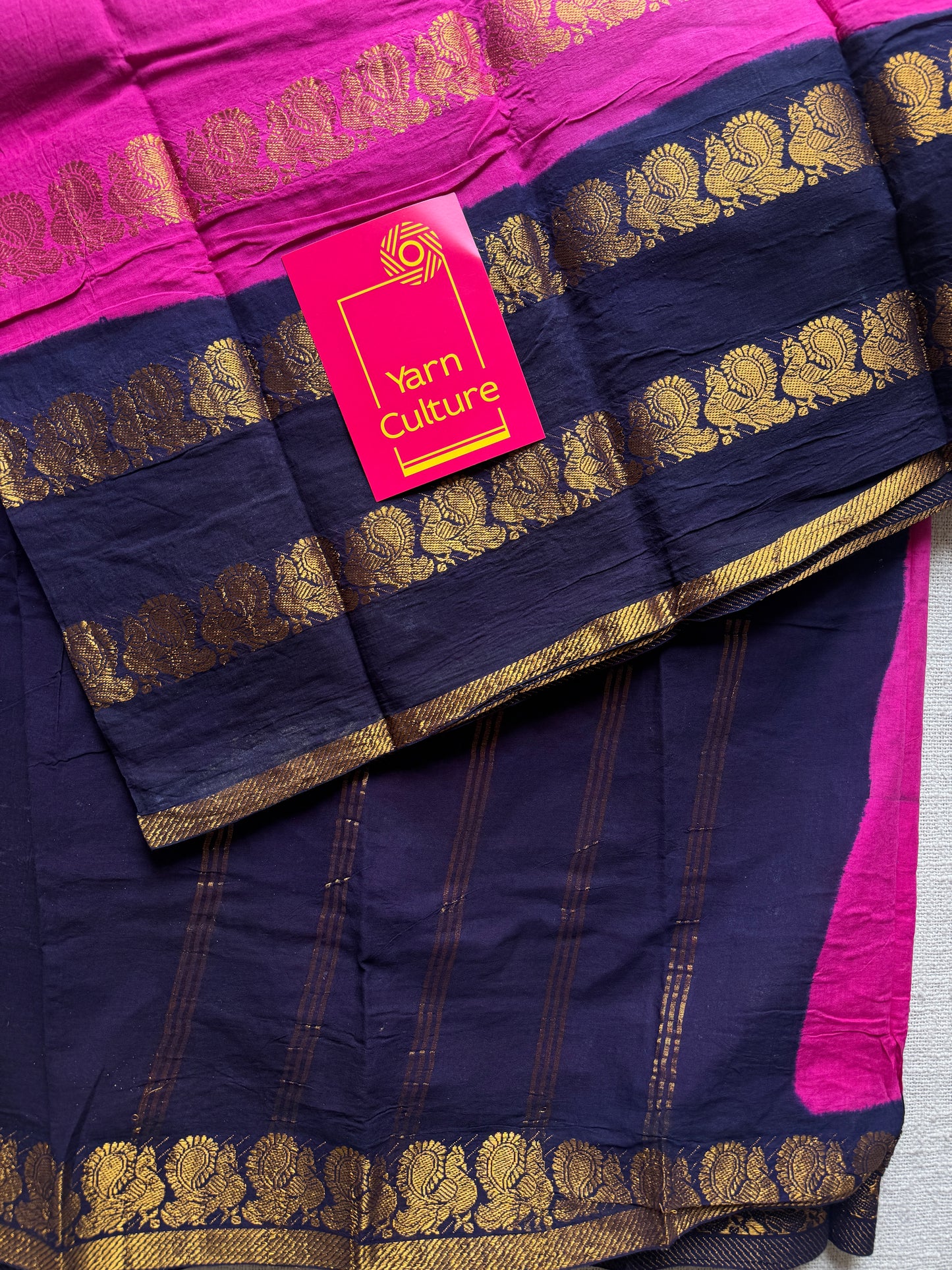 Hot pink and dark blue sungudi with double peacock motif rettai pettu wide border