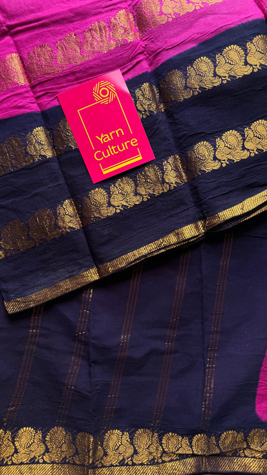 Hot pink and dark blue sungudi with double peacock motif rettai pettu wide border