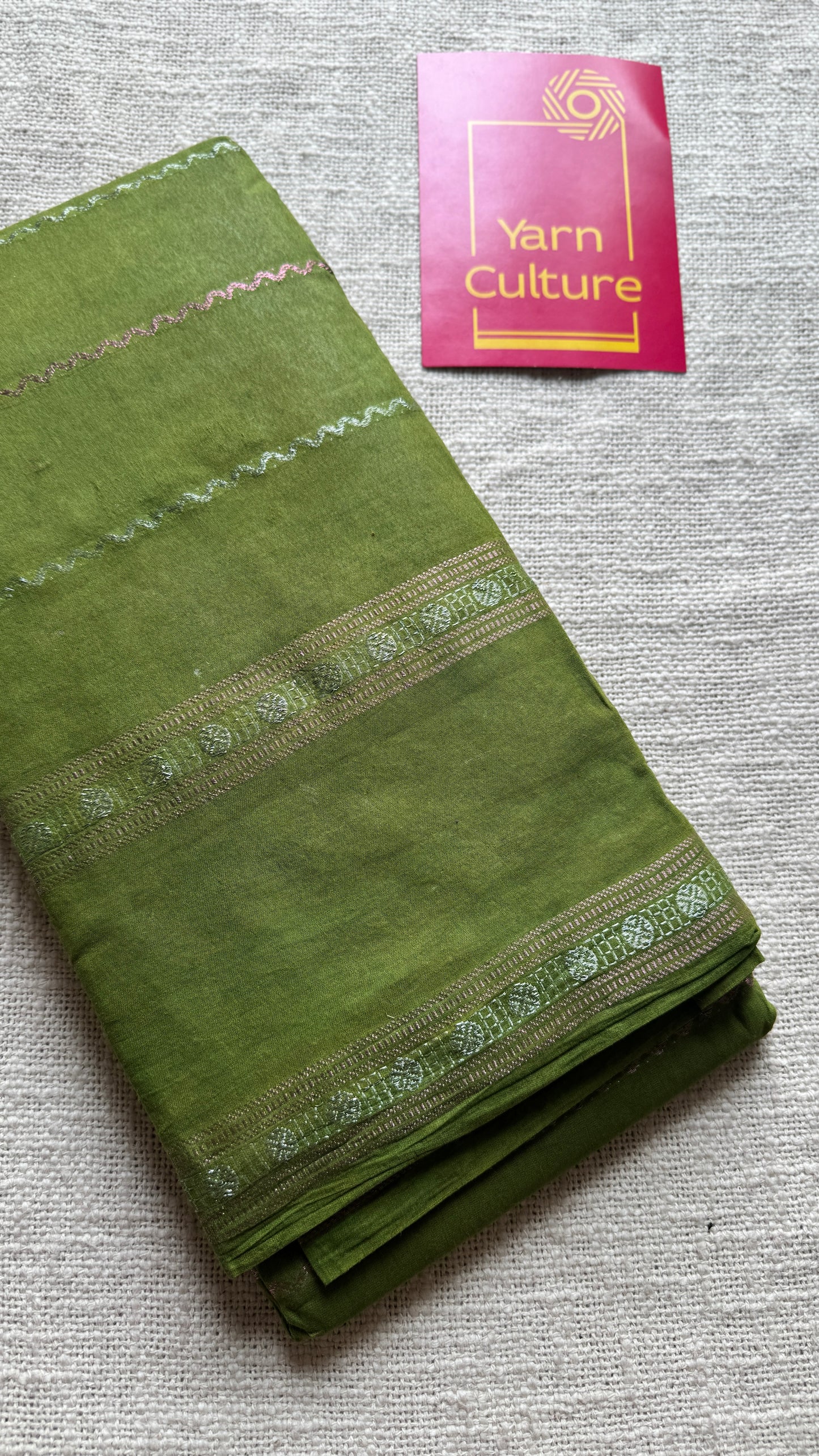 Olive green veldhaari and patterned silver zari sungudi
