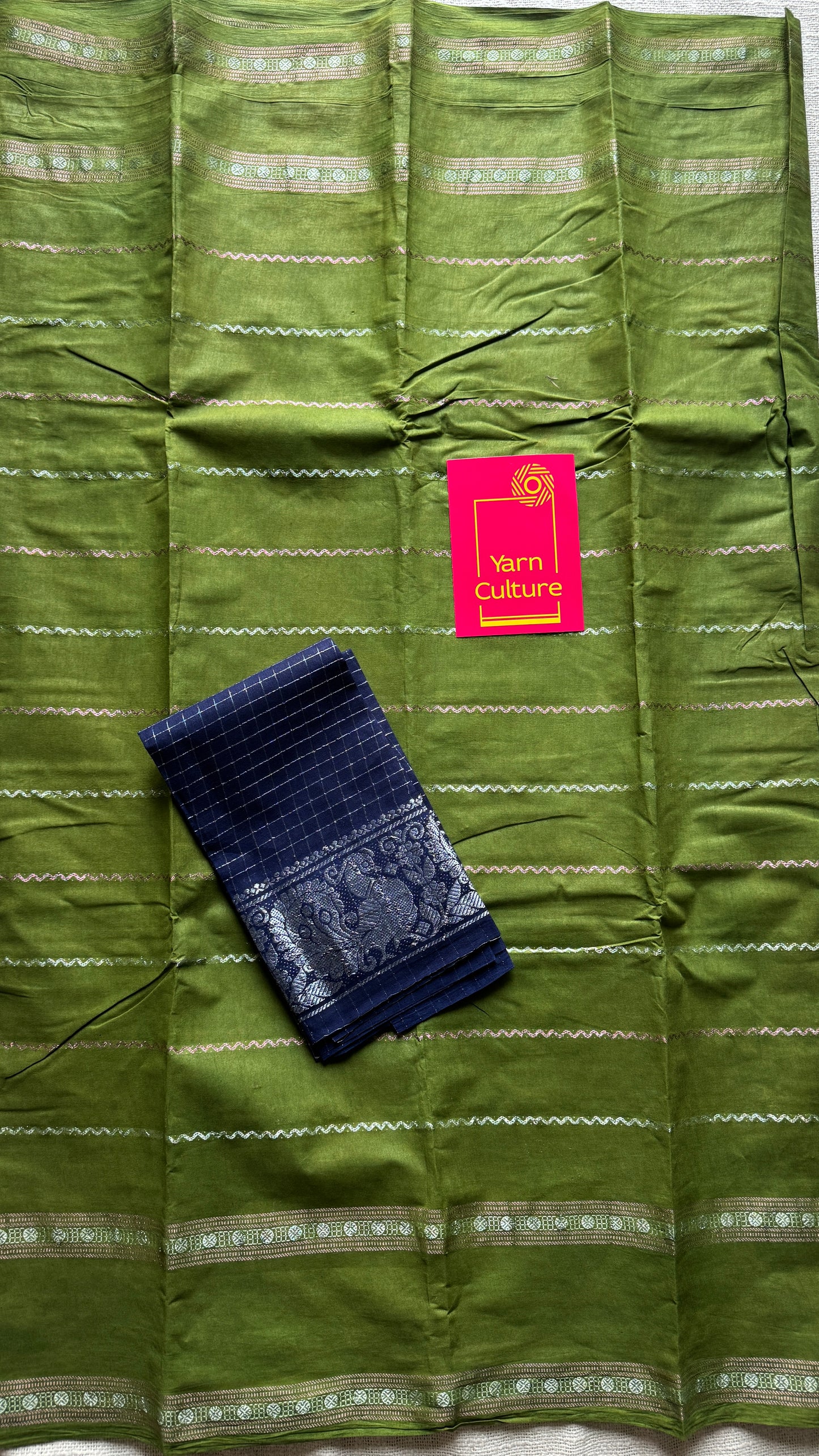 Olive green veldhaari and patterned silver zari sungudi