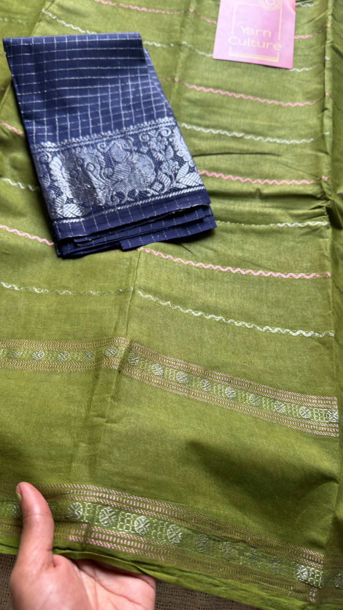 Olive green veldhaari and patterned silver zari sungudi
