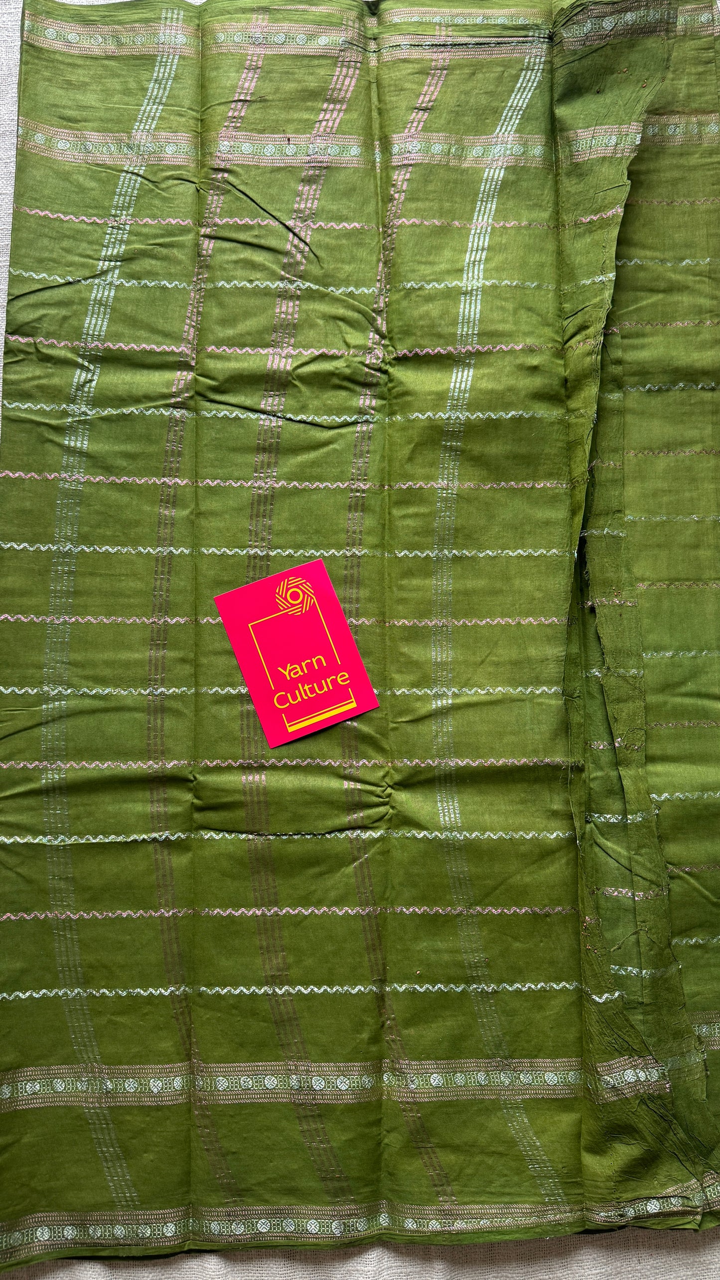 Olive green veldhaari and patterned silver zari sungudi