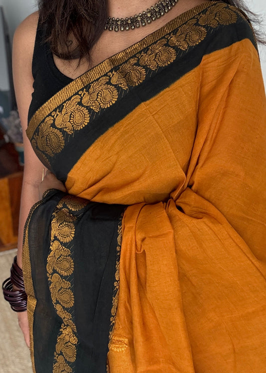 Dark Yellow and black sungudi with double peacock motif rettai pettu wide border