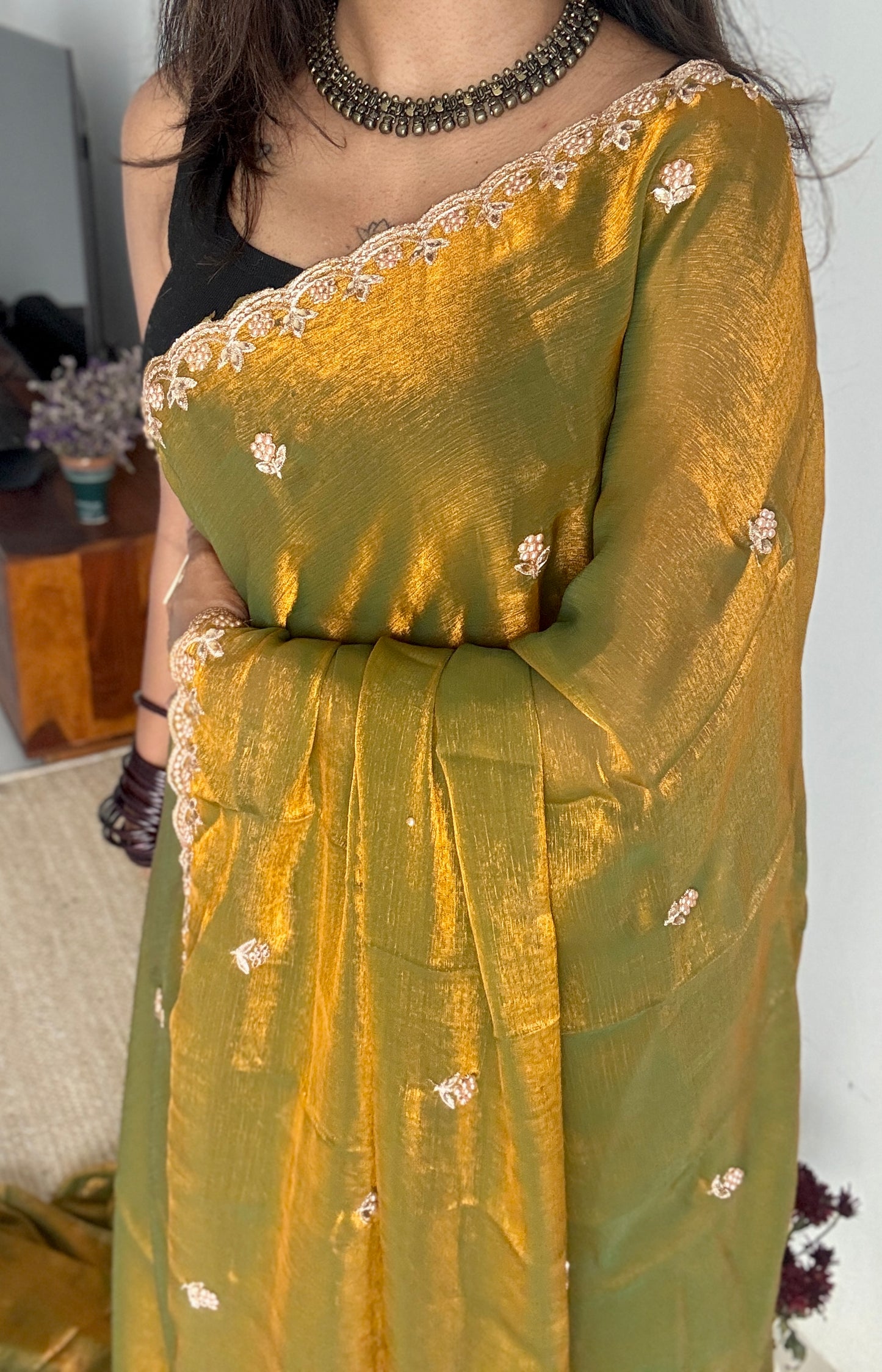 Molten Gold - dual tone with beaded embroidery, fendi satin