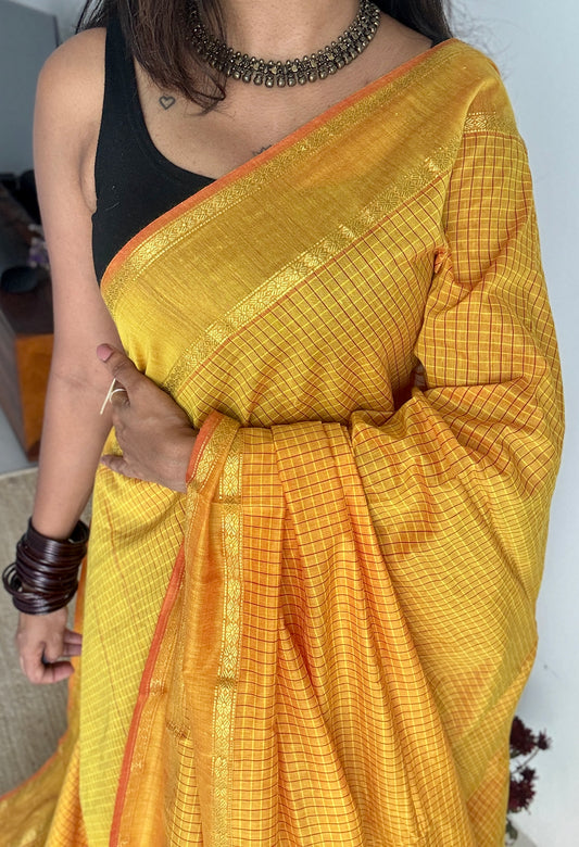 Yellow (with slight hint of orange on the border) - Arani Checks in cotton silk