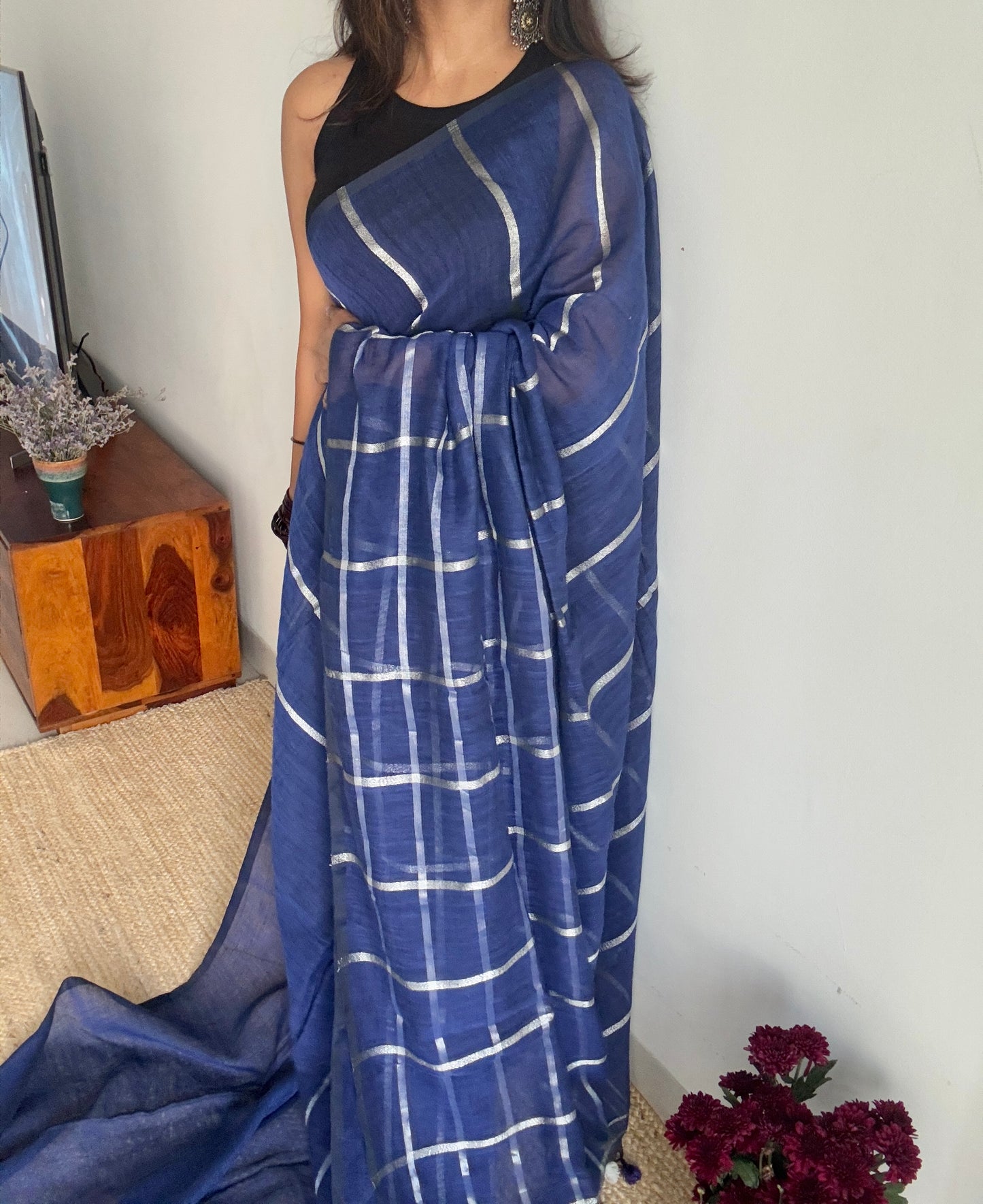 Blue with silver zari - Dyed Linen