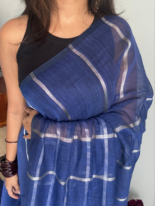 Blue with silver zari - Dyed Linen