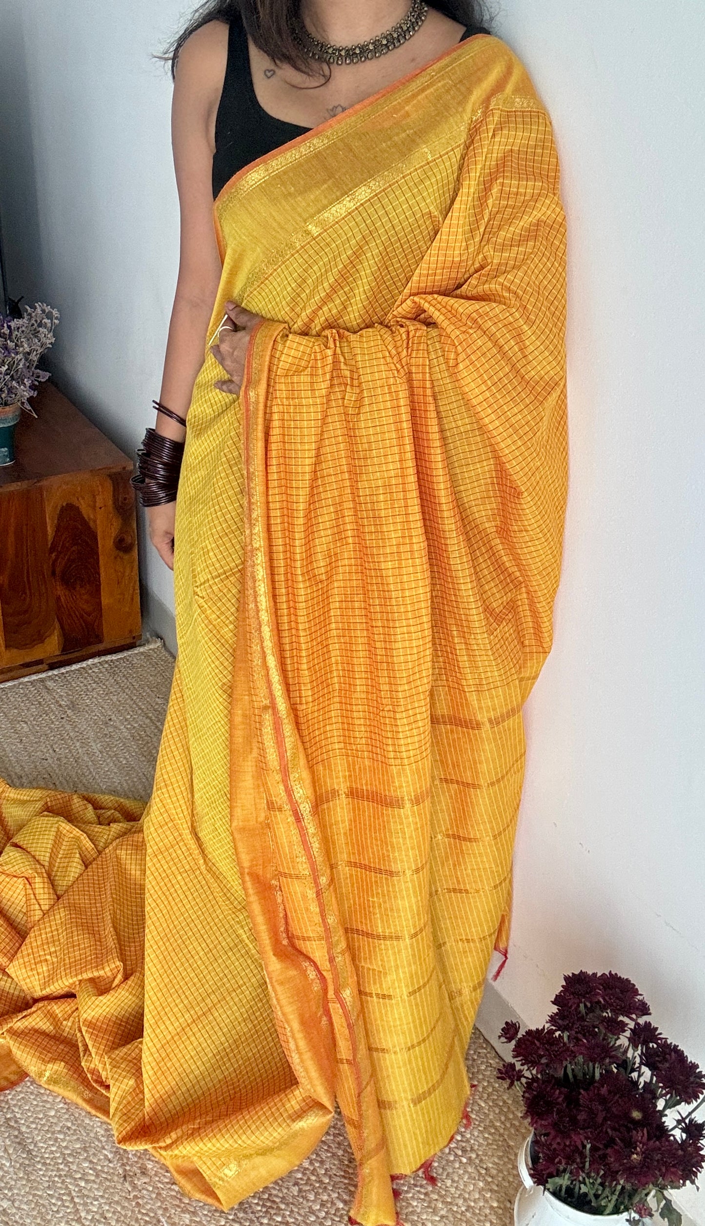 Yellow (with slight hint of orange on the border) - Arani Checks in cotton silk