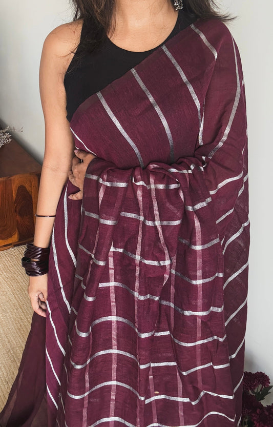 Wine with silver zari - Dyed Linen