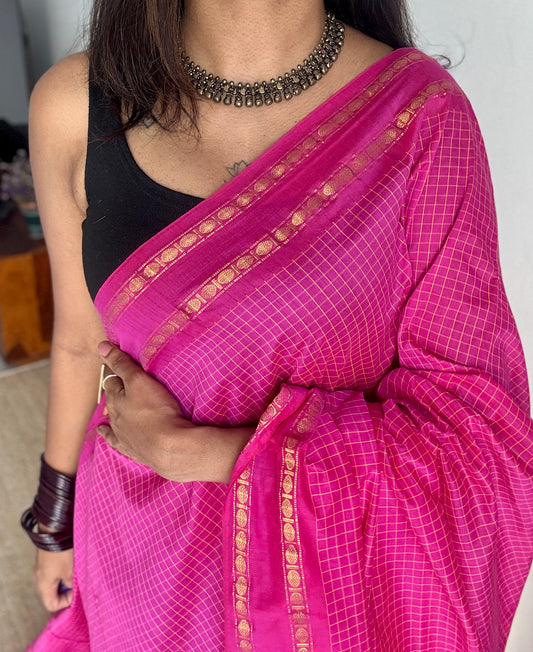 Hot pink - Arani Checks in cotton silk