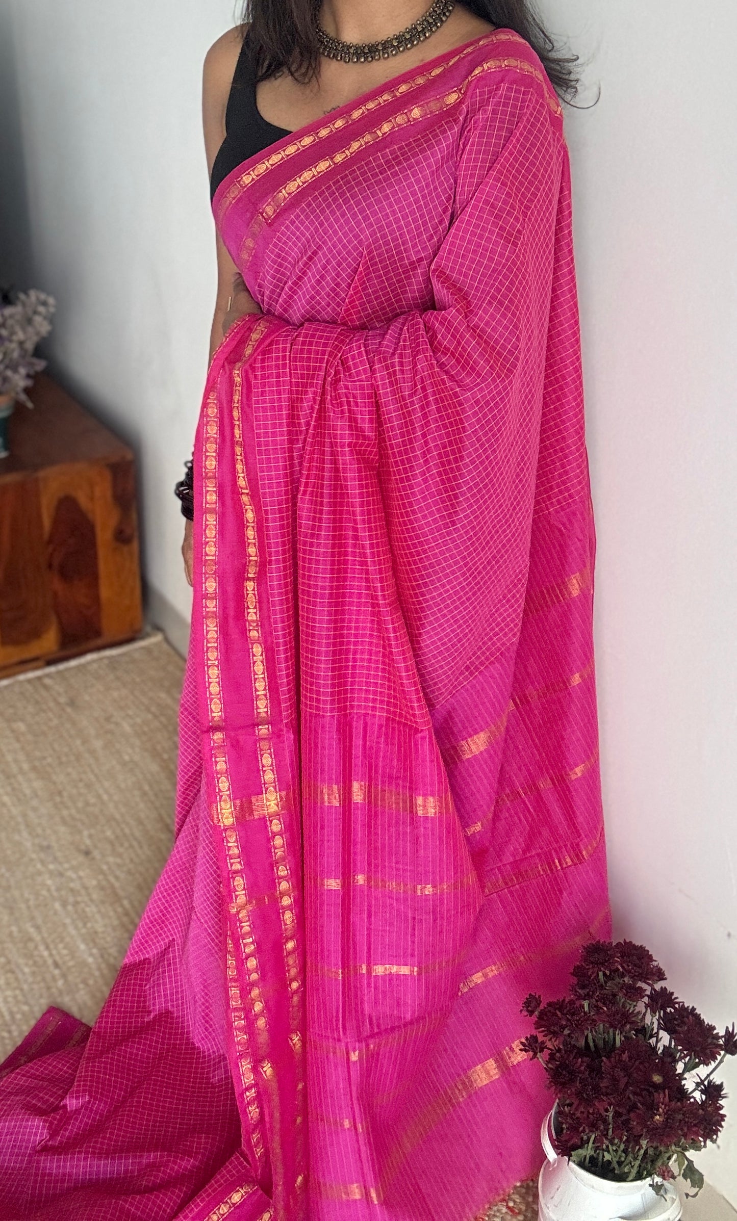 Hot pink - Arani Checks in cotton silk