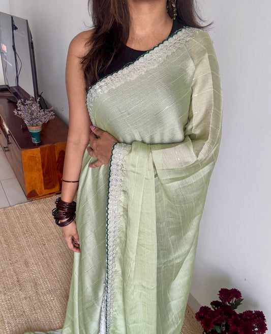 Pastel Green with Sequins Work - Chiffon
