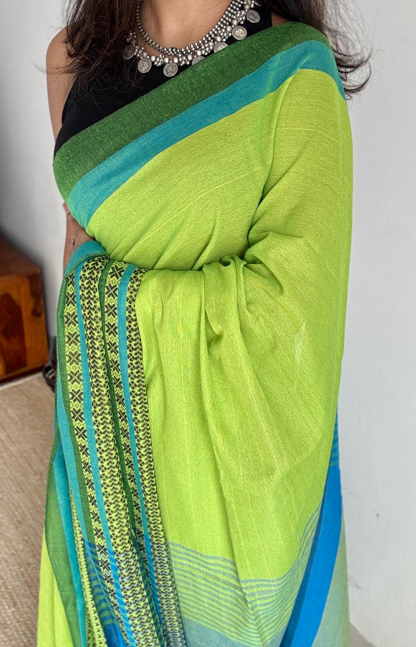 Bright green with aqua blue and black thread work, soft cotton - YCBCBK03