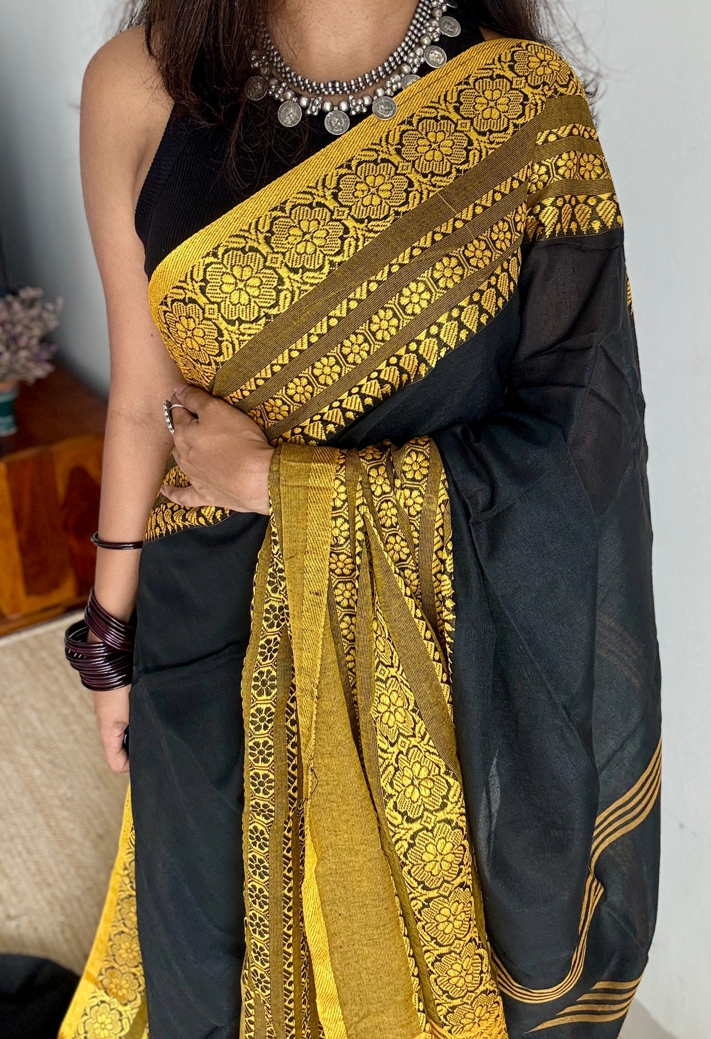 Black with yellow thread work, soft cotton - YCBCBK01