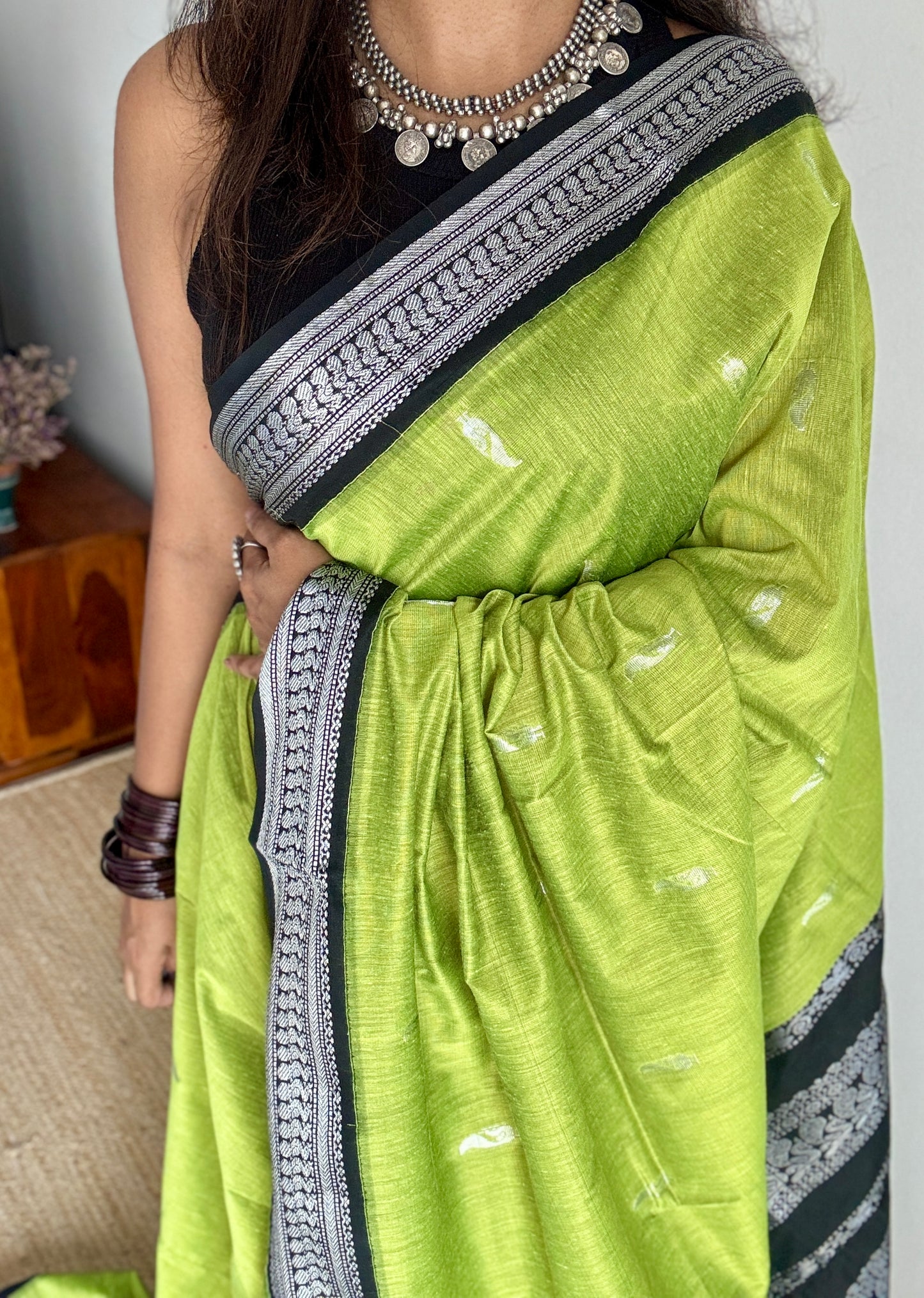 Bright Green - Black, Silver Zari - Kalyani Cotton Silk - YCCOTNKCSB04
