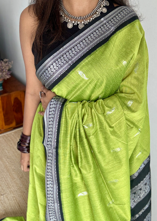 Bright Green - Black, Silver Zari - Kalyani Cotton Silk - YCCOTNKCSB04