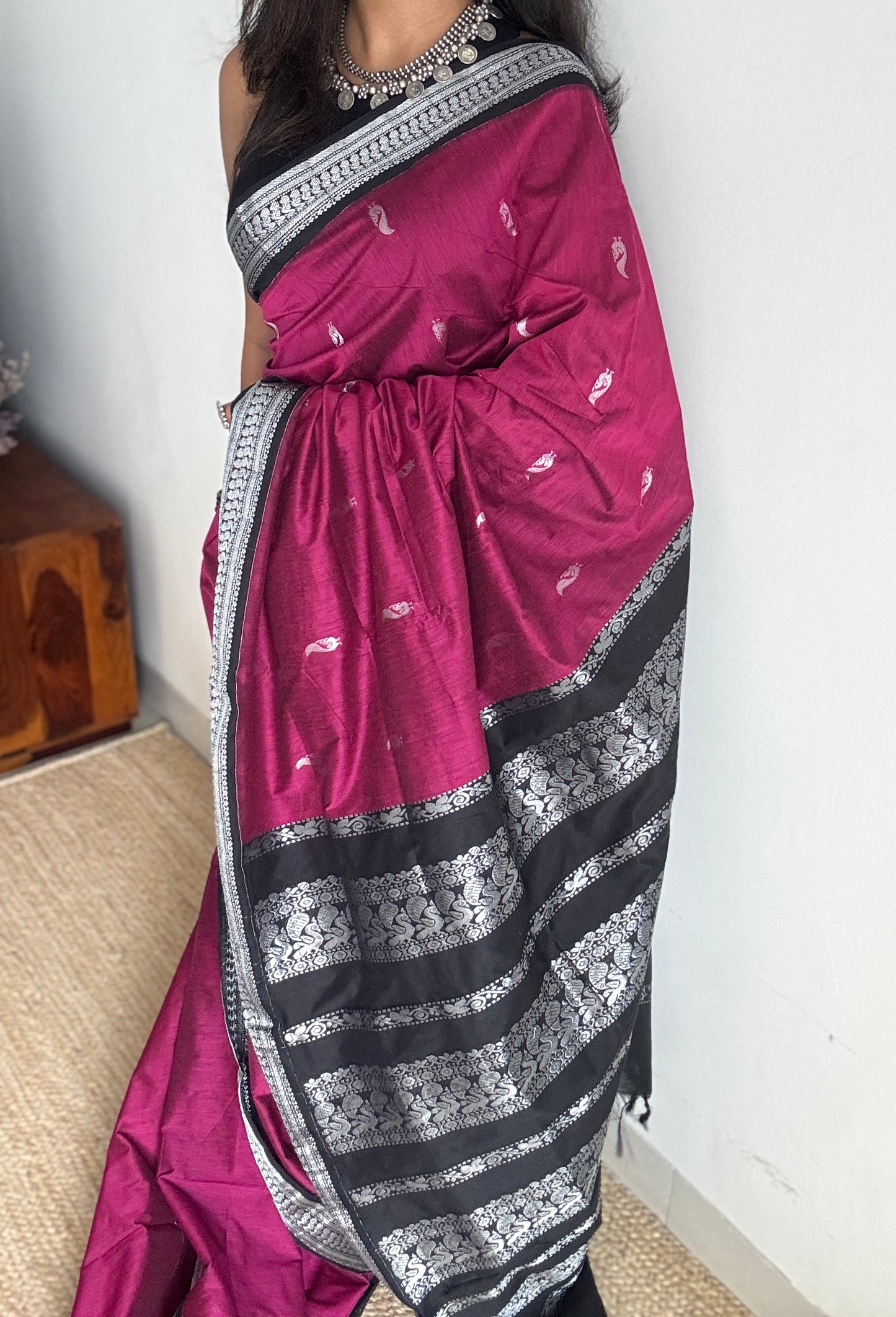 Dark Pink - Black, Silver Zari - Kalyani Cotton Silk - YCCOTNKCSB01