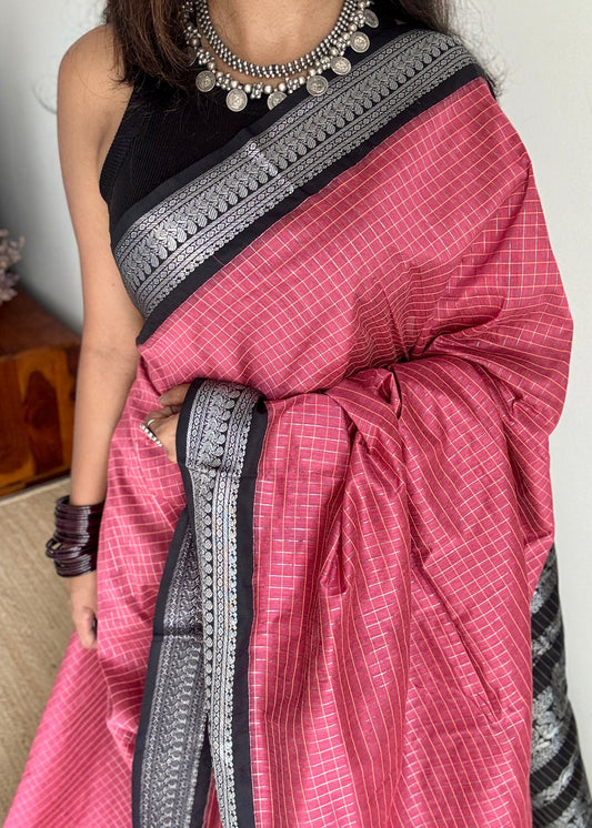 Carmine Pink - Black, Checks - Kalyani Cotton Silk - YCCOTNKCSC08