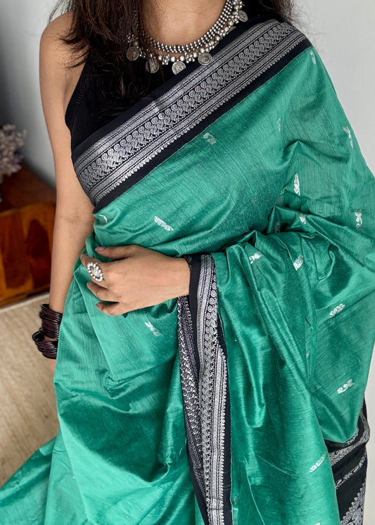 Dark Mint Green - Black, Silver Zari - Kalyani Cotton Silk - YCCOTNKCSB05