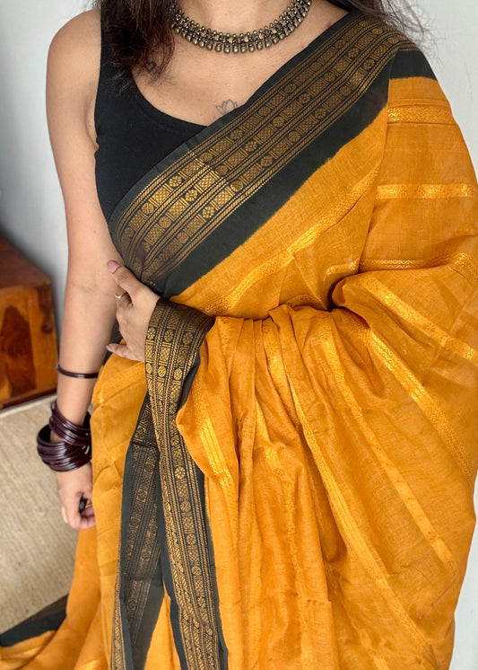 Turmeric Yellow - Black, Striped Motif Body, Rudraksham Border - Madurai Sungudi cotton - YCCOTNSSP01