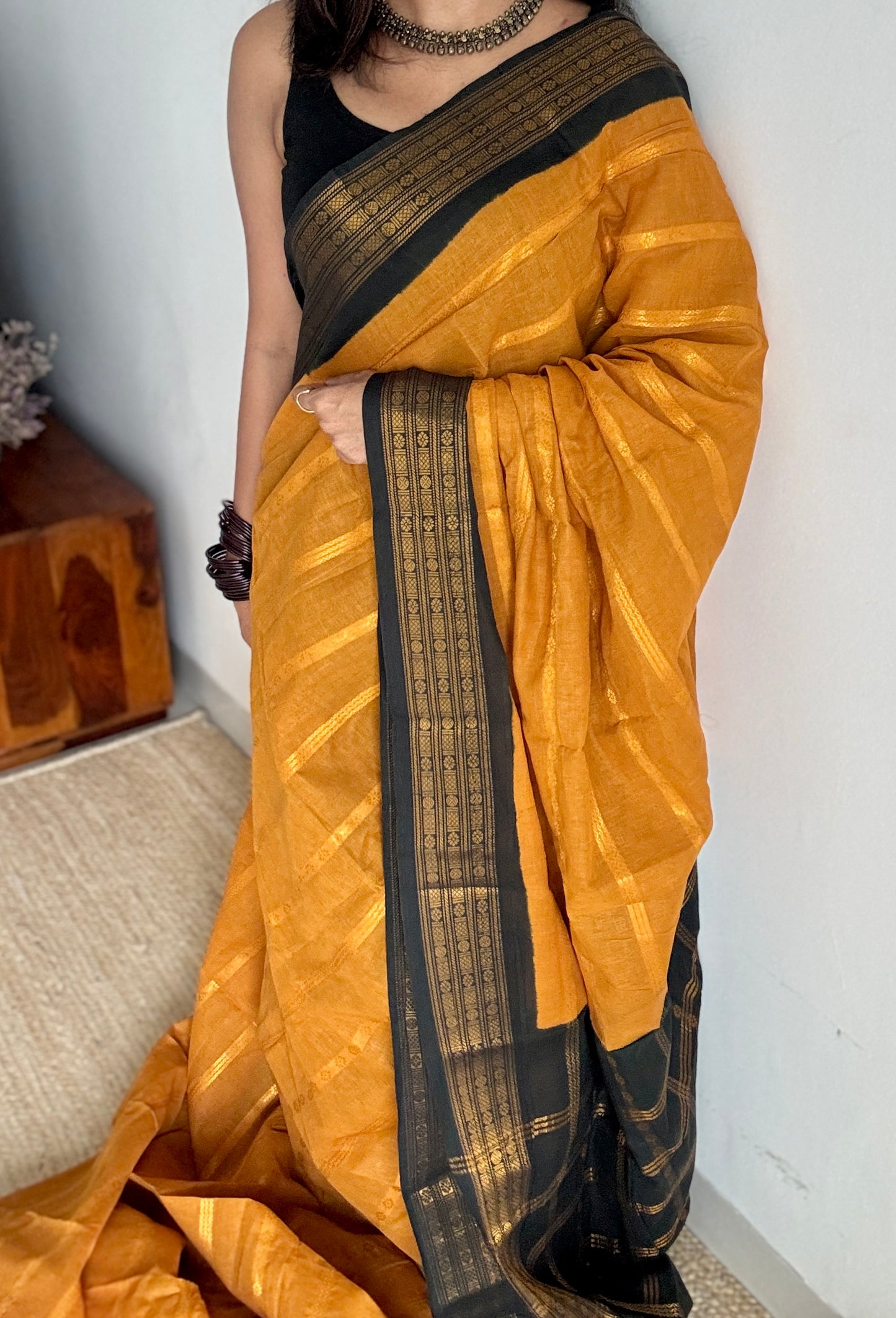 Turmeric Yellow - Black, Striped Motif Body, Rudraksham Border - Madurai Sungudi cotton - YCCOTNSSP01
