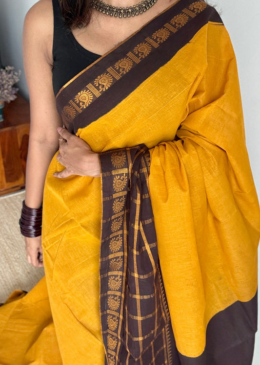 Yellow - Dark Brown, Kattam (Checkered) Border - Madurai Sungudi cotton - YCCOTNSKCB01
