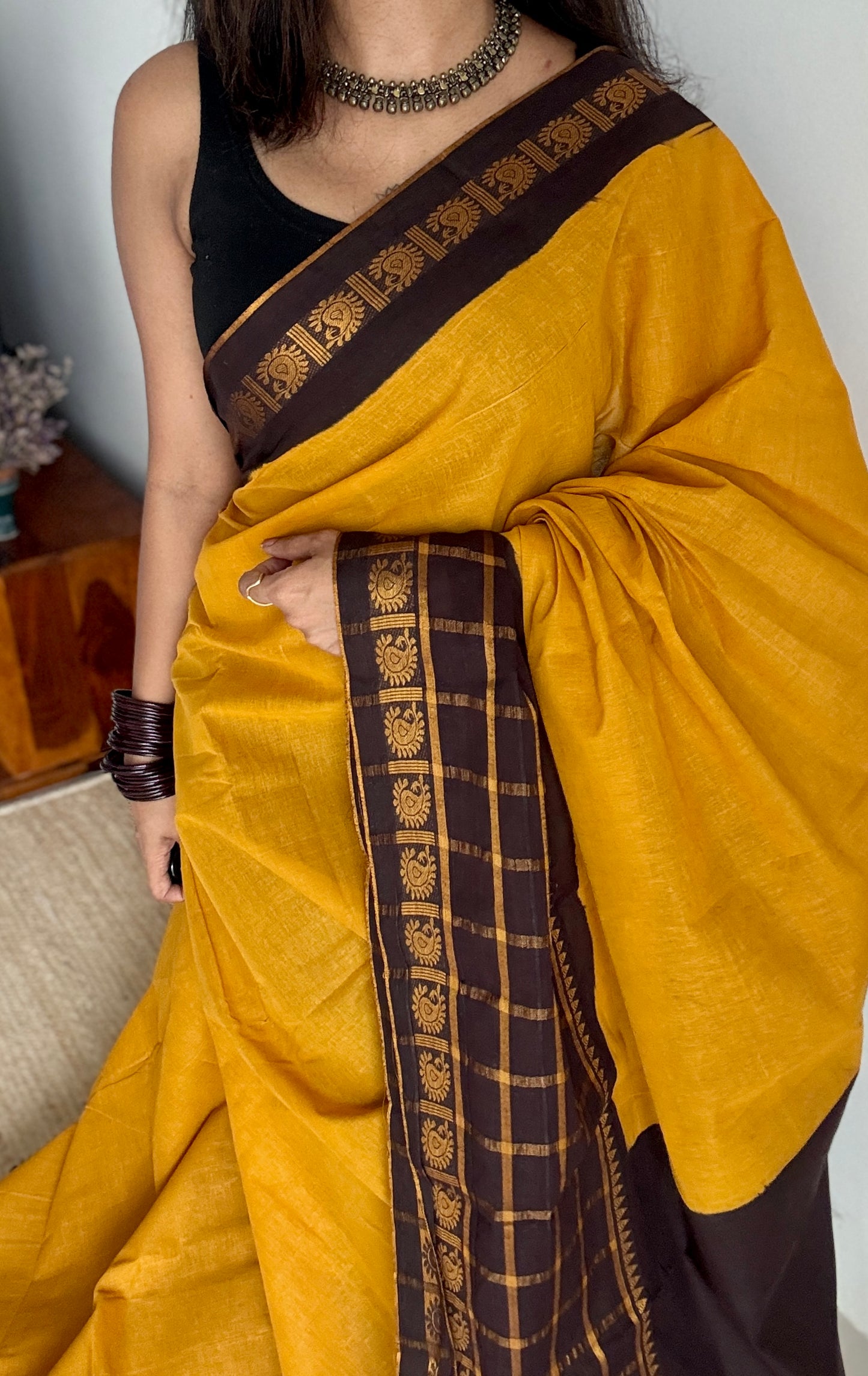 Yellow - Dark Brown, Kattam (Checkered) Border - Madurai Sungudi cotton - YCCOTNSKCB01