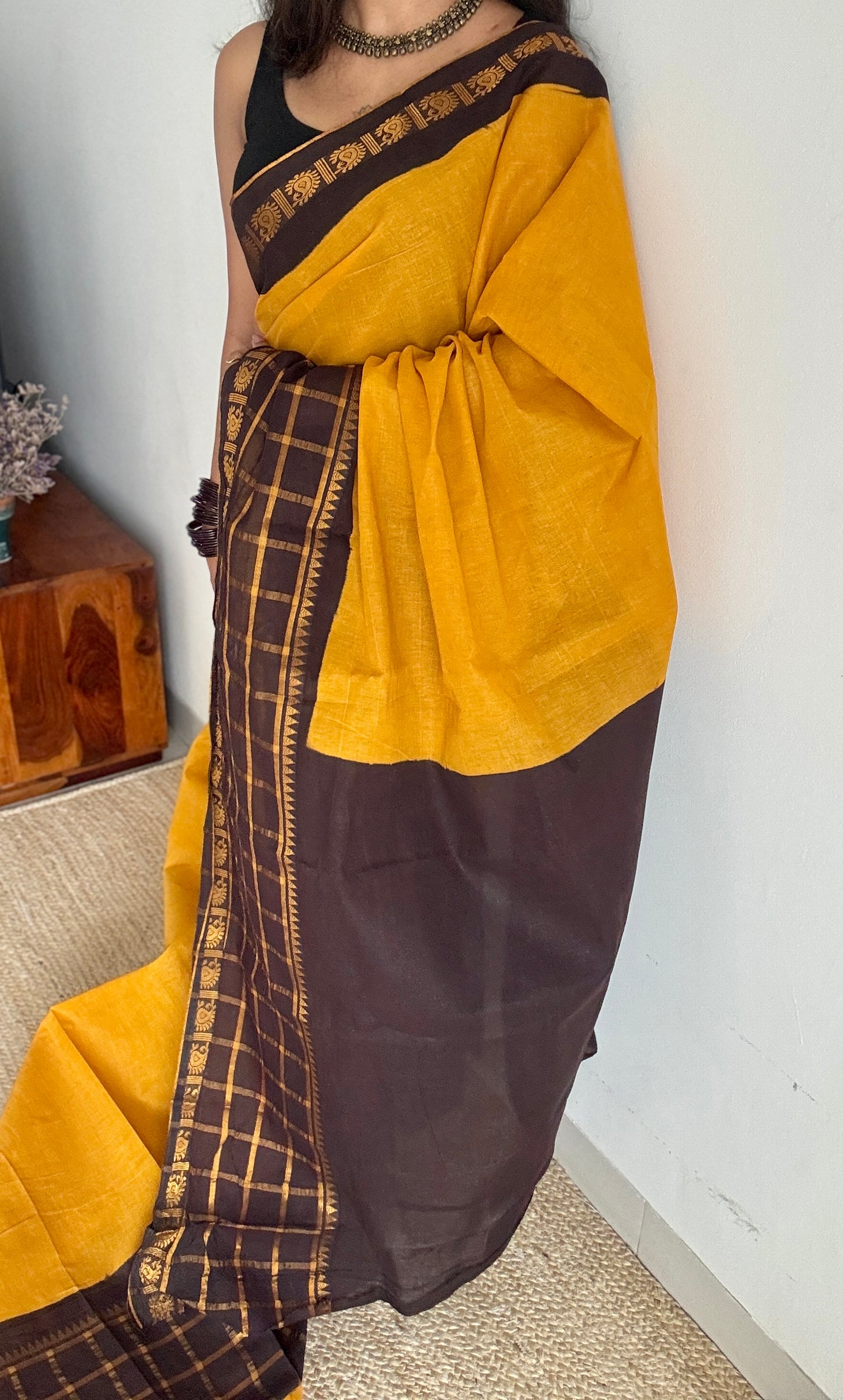 Yellow - Dark Brown, Kattam (Checkered) Border - Madurai Sungudi cotton - YCCOTNSKCB01