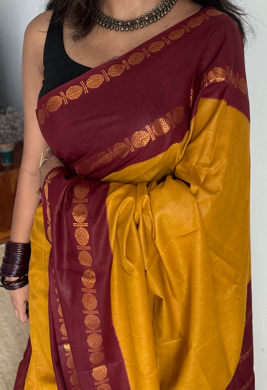 Dark yellow with maroon rudraksham motif border