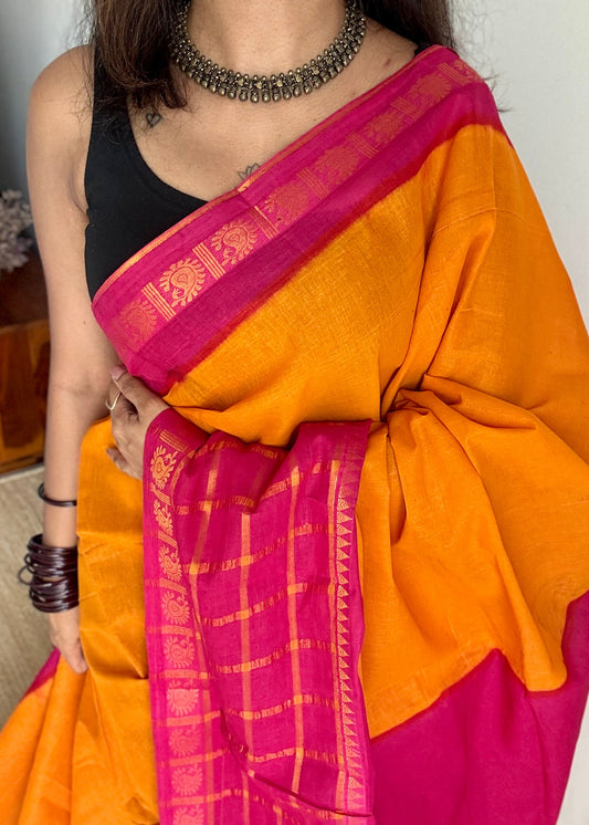 Yellow - Hot Pink, Kattam (Checkered) Border - Madurai Sungudi cotton - YCCOTNSKCB02