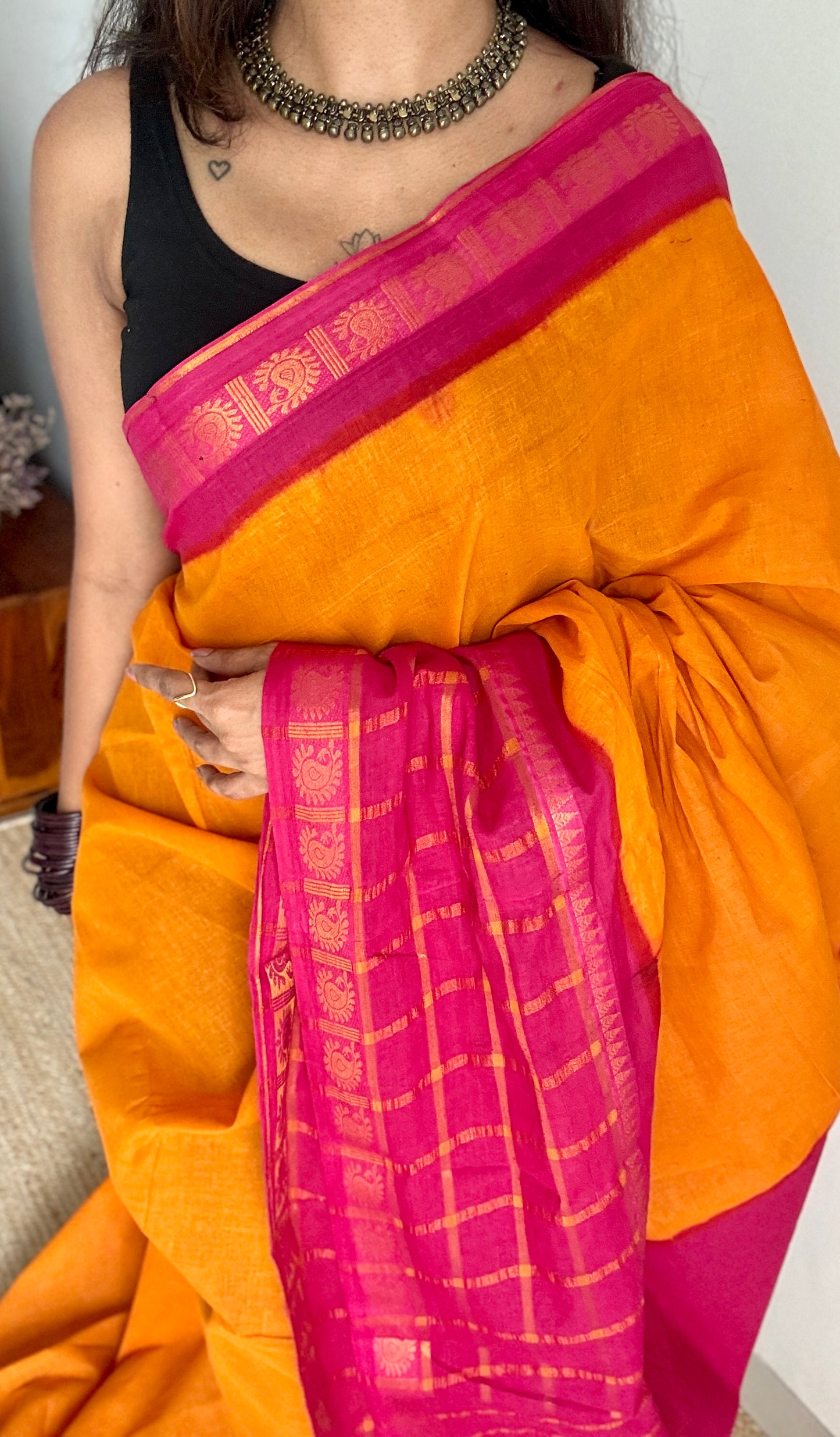 Yellow - Hot Pink, Kattam (Checkered) Border - Madurai Sungudi cotton - YCCOTNSKCB02