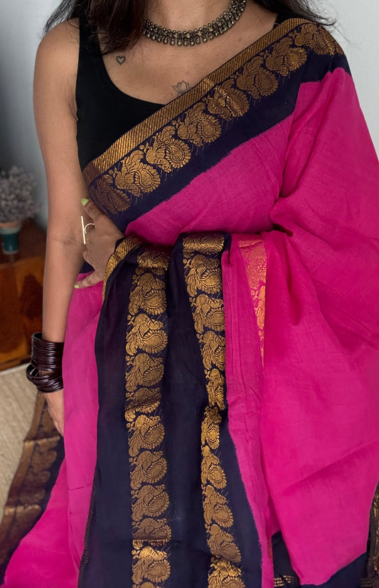Hot pink and dark blue sungudi with double peacock motif rettai pettu wide border