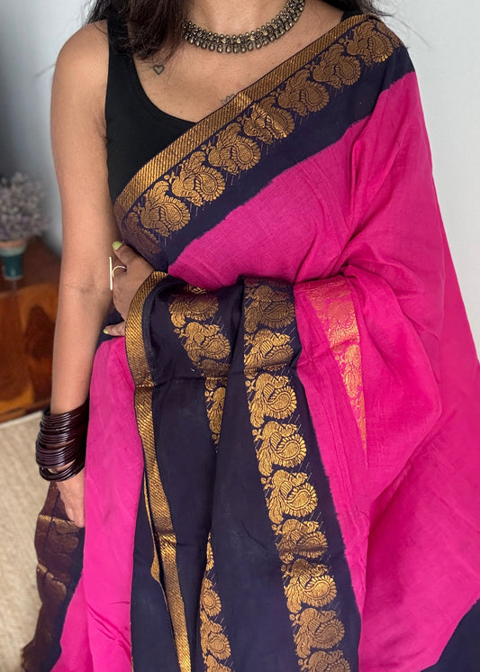 Hot pink and dark blue sungudi with double peacock motif rettai pettu wide border - YCMCRWB02