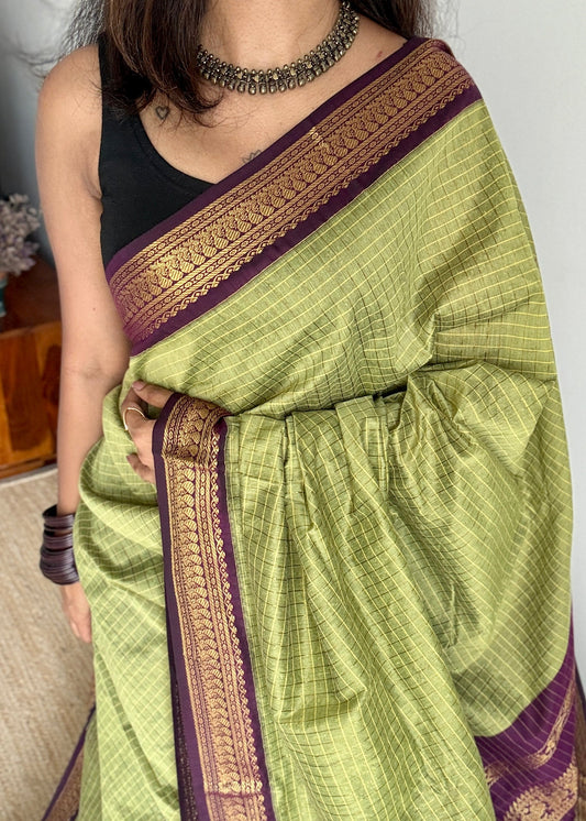 Light Green - Purple Pink (Vadamalli), Checks - Kalyani Cotton Silk - YCCOTNKCSC05