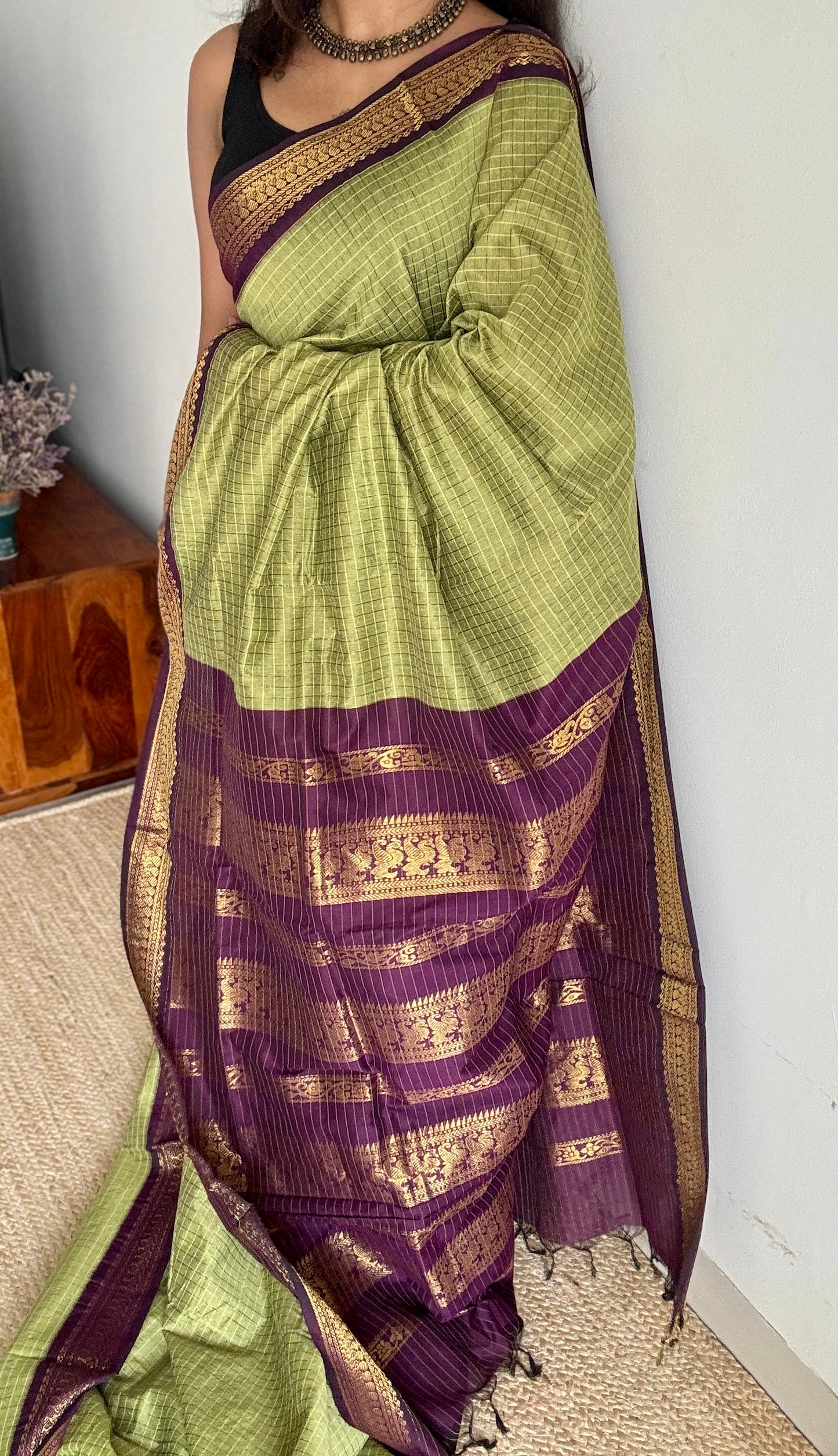 Light Green - Purple Pink (Vadamalli), Checks - Kalyani Cotton Silk - YCCOTNKCSC05