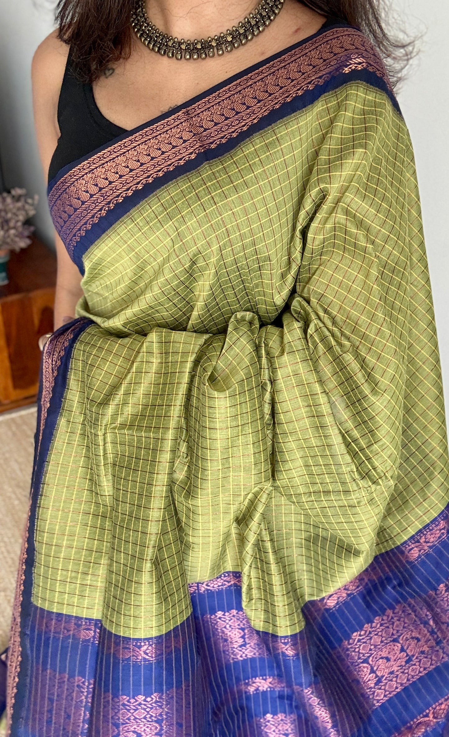 Light Green - Royal Blue, Checks - Kalyani Cotton Silk - YCCOTNKCSC04