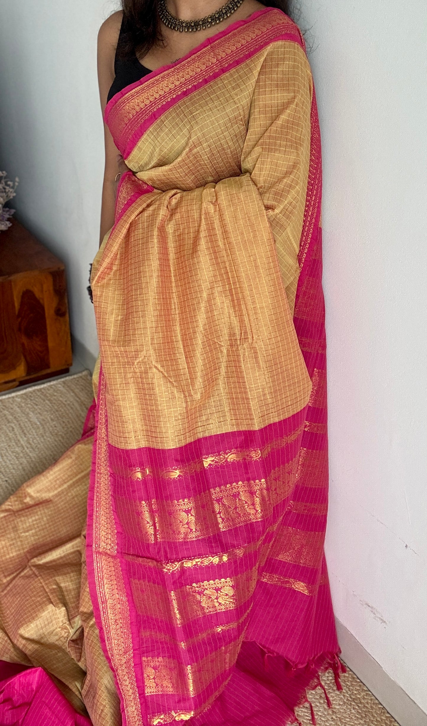 Sandal - Hot Pink, Checks - Kalyani Cotton Silk - YCCOTNKCSC06