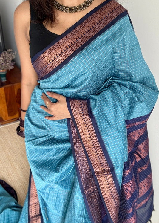 Light Blue - Dark Blue, Checks - Kalyani Cotton Silk - YCCOTNKCSC03