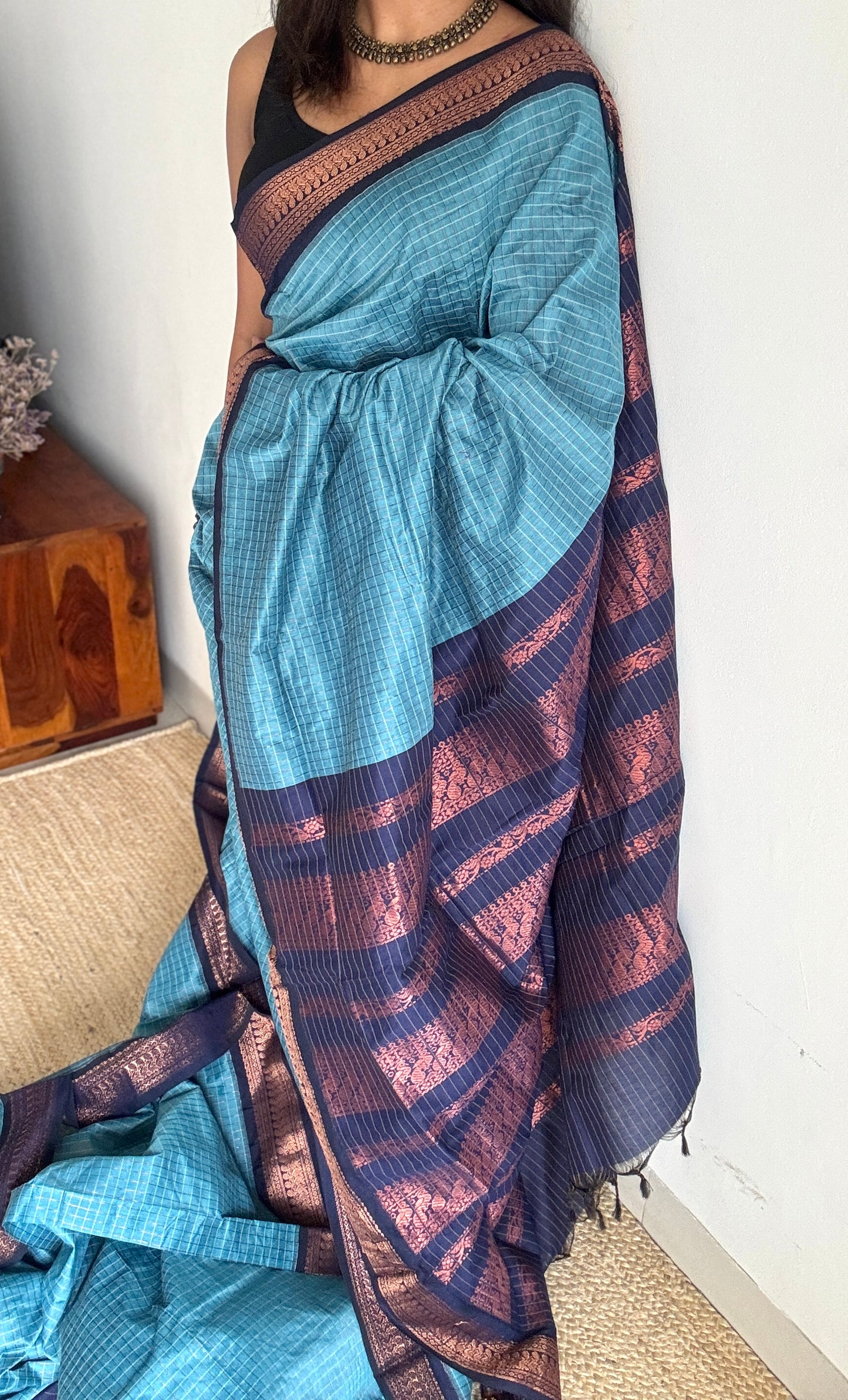 Light Blue - Dark Blue, Checks - Kalyani Cotton Silk - YCCOTNKCSC03