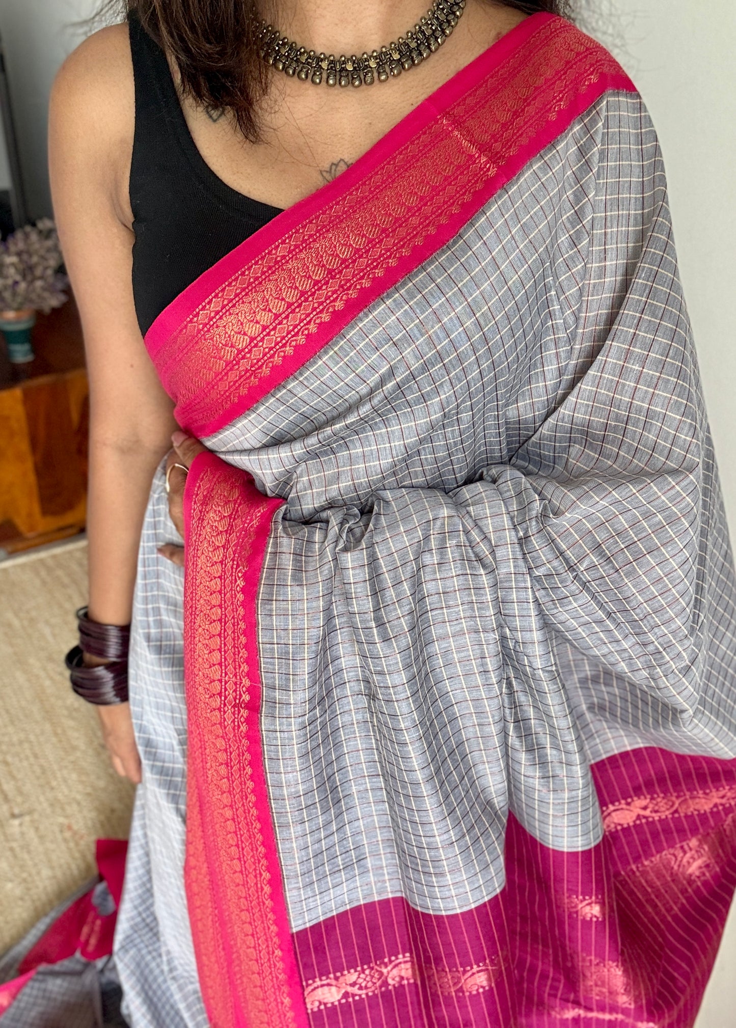 Grey- Pink, Checks - Kalyani Cotton Silk - YCCOTNKCSC01