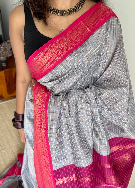 Grey- Pink, Checks - Kalyani Cotton Silk - YCCOTNKCSC01