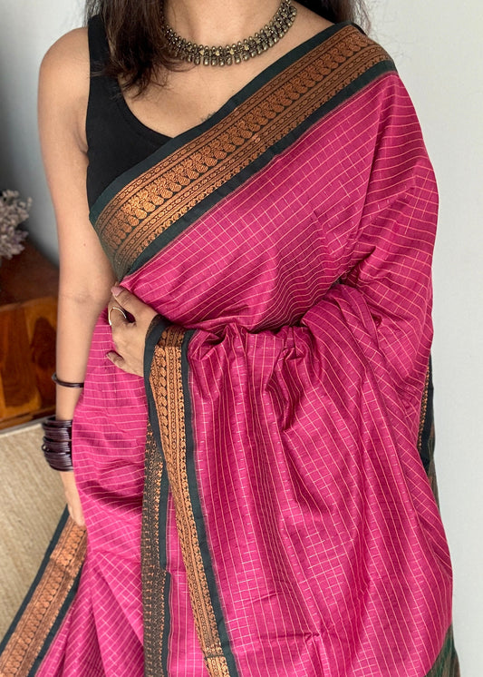 Dark Pink - Dark Green, Checks - Kalyani Cotton Silk - YCCOTNKCSC09