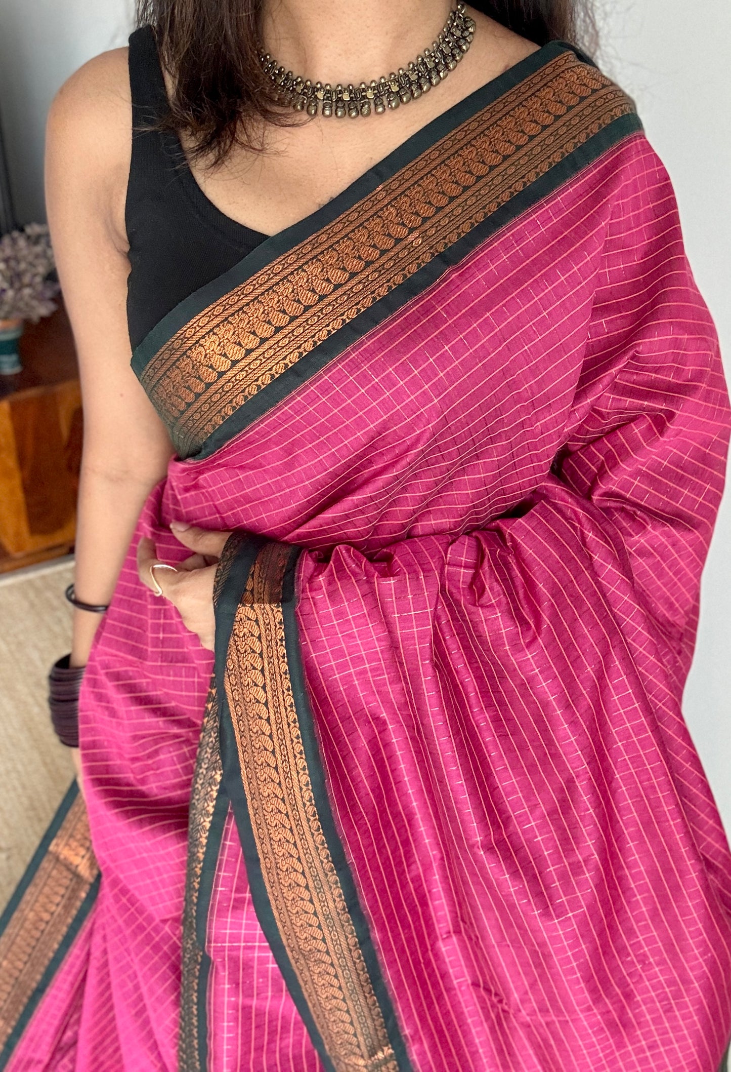 Dark Pink - Dark Green, Checks - Kalyani Cotton Silk - YCCOTNKCSC09