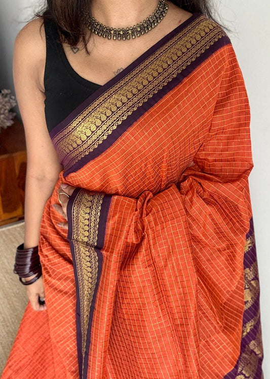 Dark Orange - Purple, Checks - Kalyani Cotton Silk - YCCOTNKCSC10