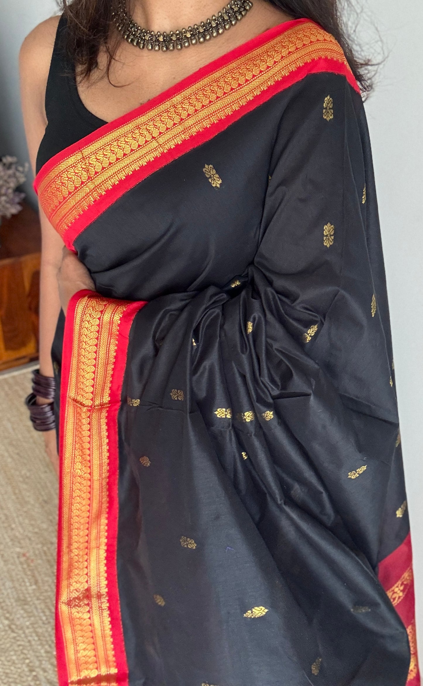 Black - Red, Gold Zari - Kalyani Cotton Silk - YCCOTNKCSB03