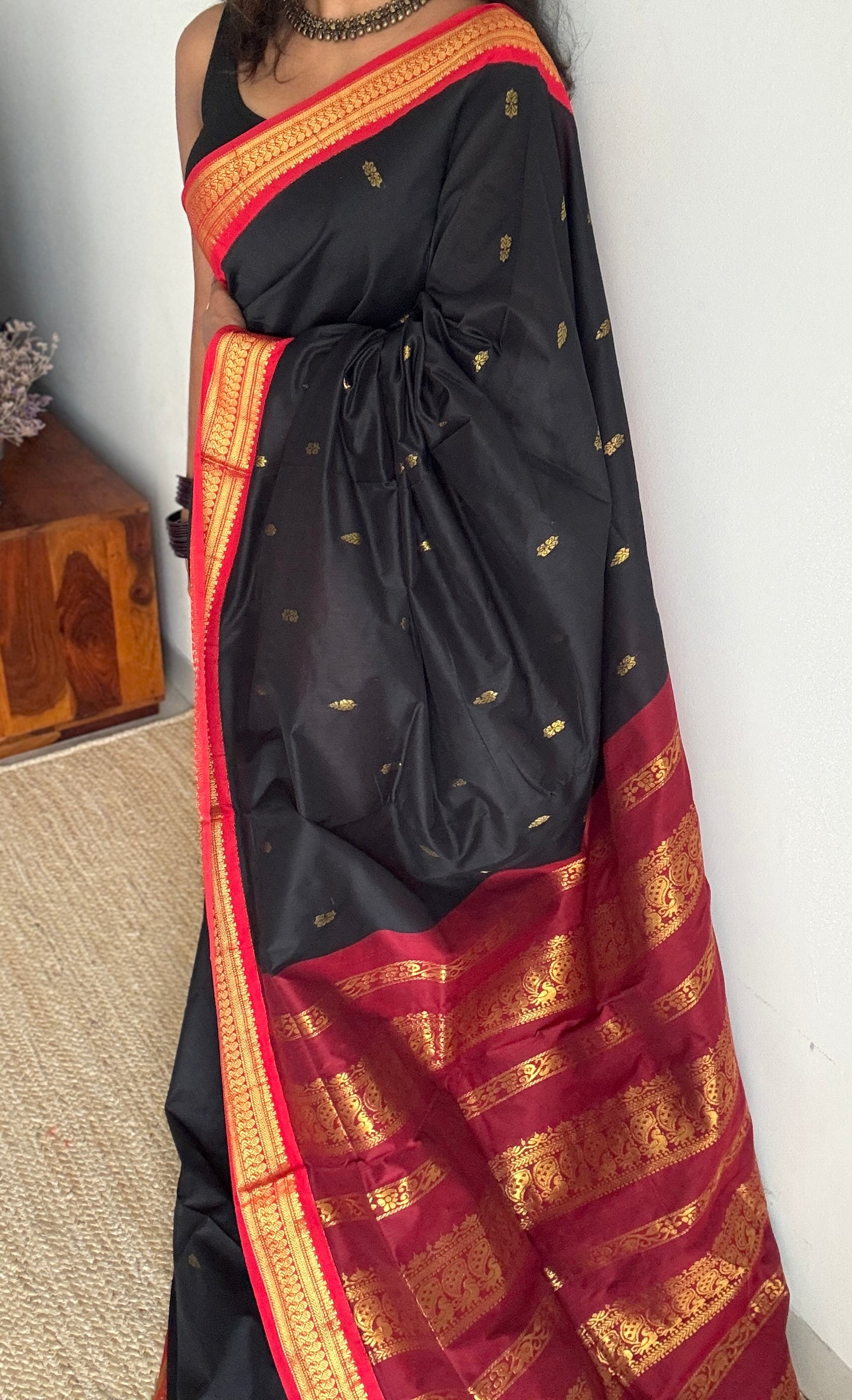 Black - Red, Gold Zari - Kalyani Cotton Silk - YCCOTNKCSB03