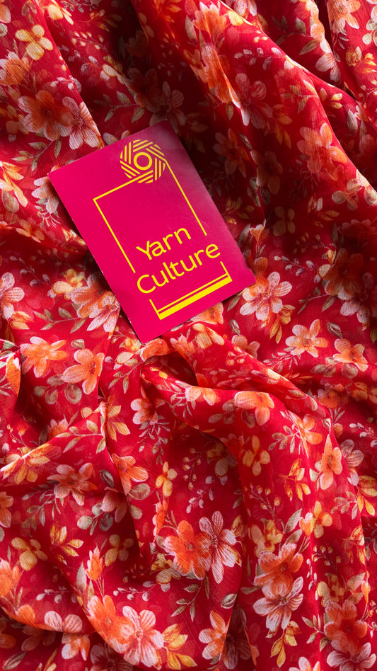 Red with light orange flowers, chiffon