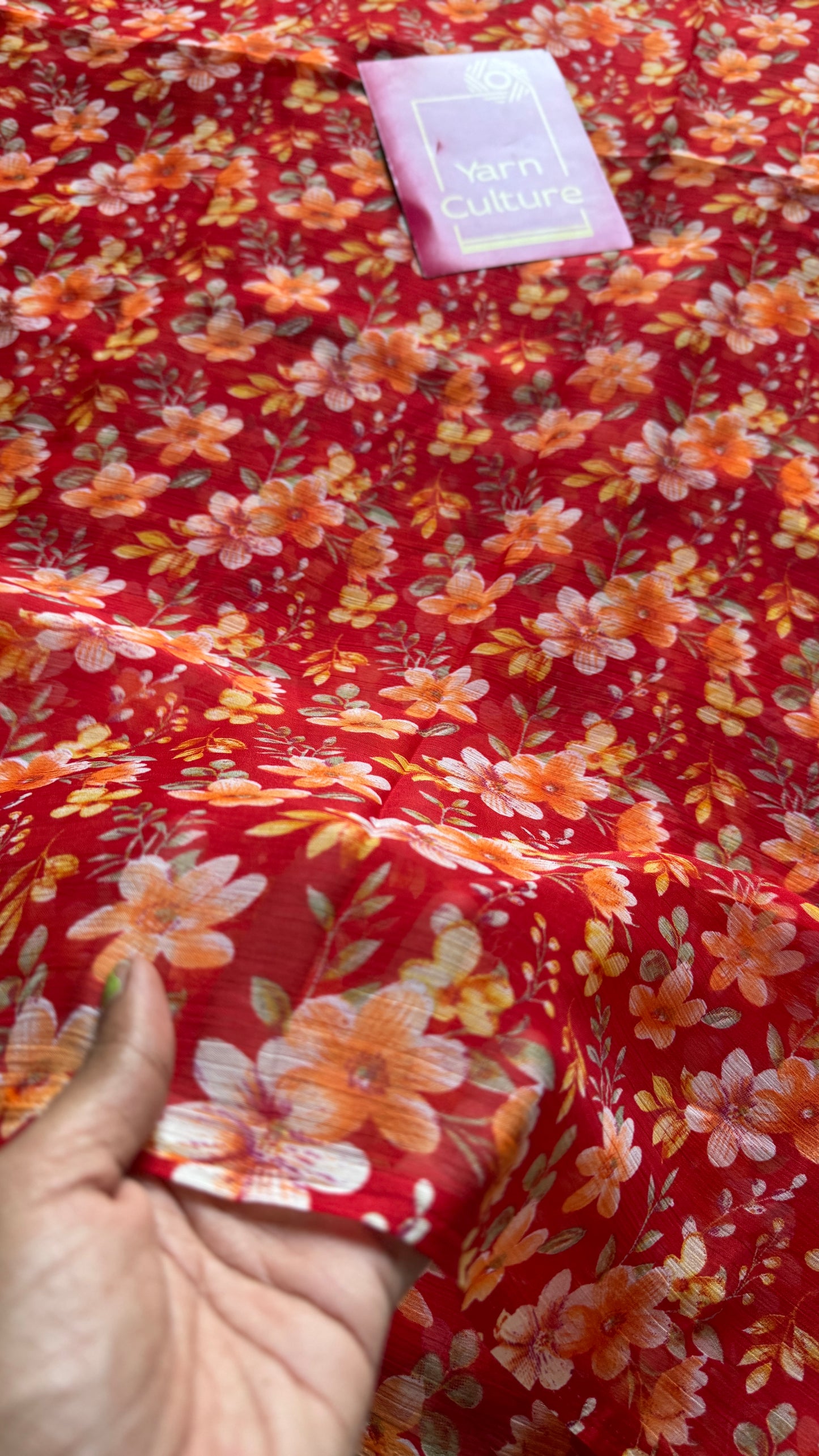 Red with light orange flowers, chiffon
