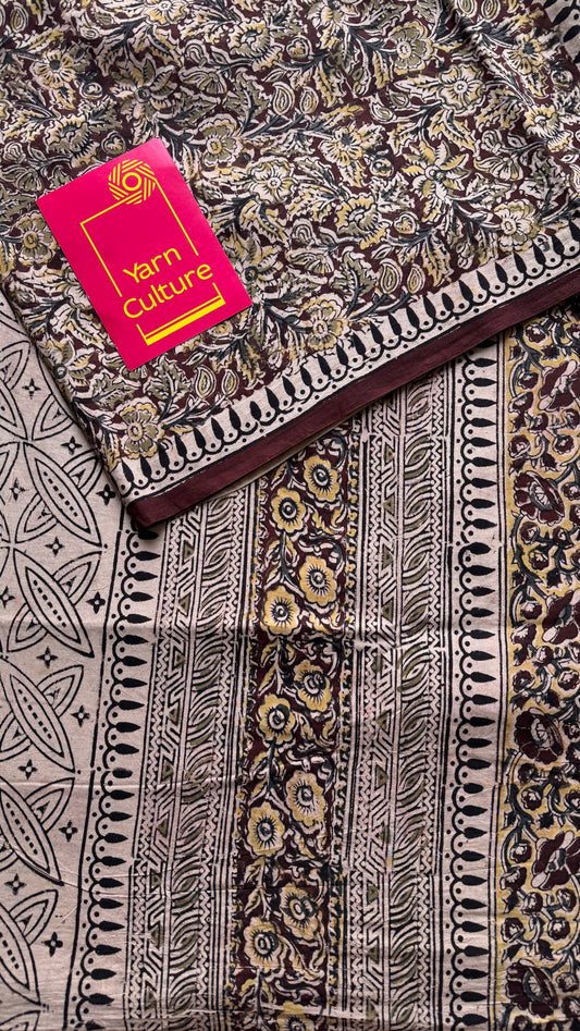 Maroon kalamkari, floral vines, floral motif pallu
