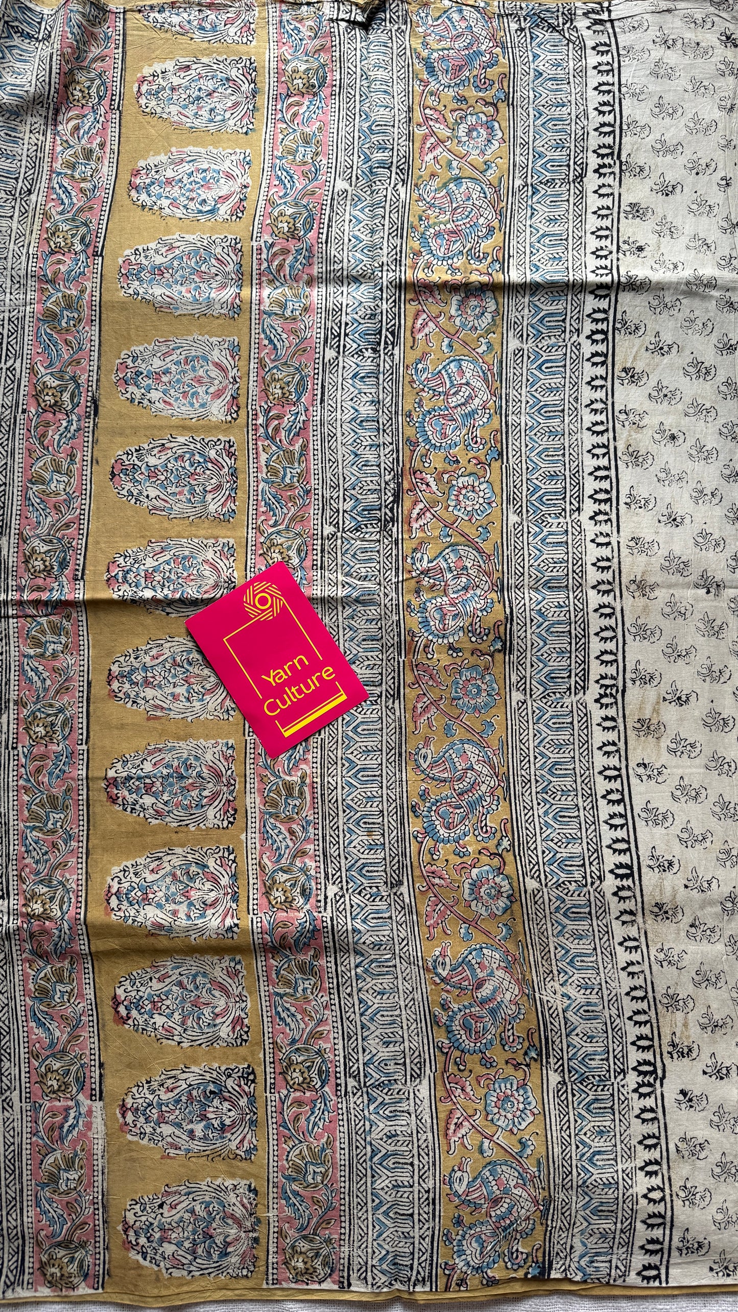 Ginger yellow kalamkari, floral vines, floral motif pallu